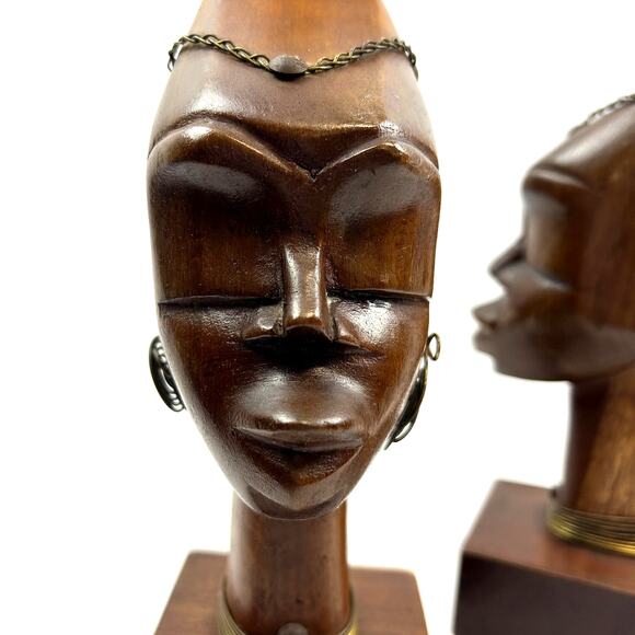 set African Vintage Statues Art Collectible couple with jewelry hand carved Bust - Picture 5 of 7